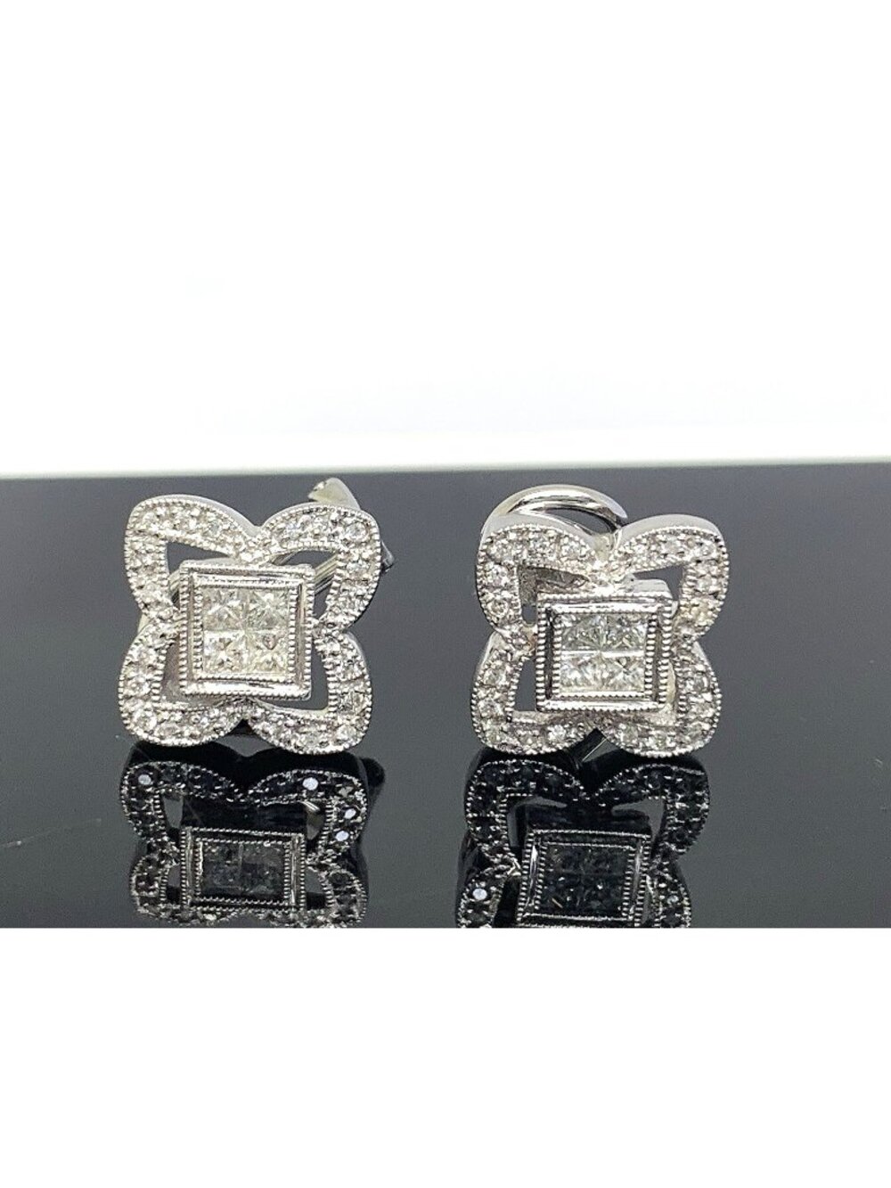 Diamond Clover Stud Earrings 18k White Gold Omega Back Women's Estate Jewelry
